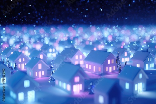 Illuminated houses create magical atmosphere in snowy landscape, vibrant colors sparkle