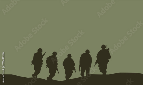 Vintage-style vector silhouette of soldiers marching on the battlefield. Ideal for war-themed posters, history illustrations, veteran day designs, or military concept art.