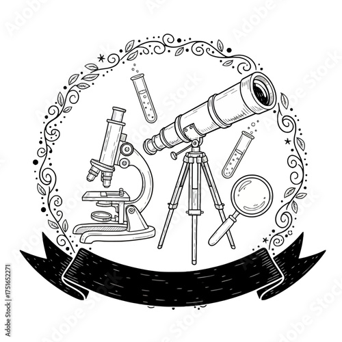 Scientific Research Equipment: Vintage Telescope, Microscope, Test Tubes, and Magnifying Glass Engraving Vector, an Old telescope and microscope vector