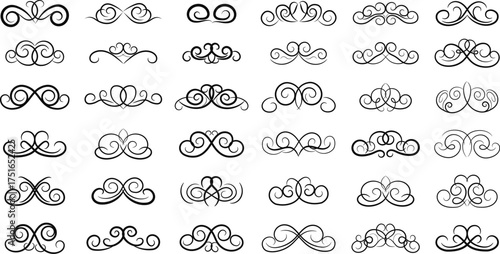 Decorative swirl and spiral vector silhouette set, Elegant Ornate Swirls & Flourishes Vector Set Vintage Filigree Decorations for Invitations and Certificates 