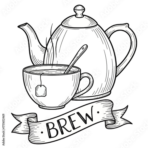 Tea Time Engraving: Brew Ribbon with Steaming Teapot, Teacup, and Spoon Vector, a Kettle + Cup + Spoon