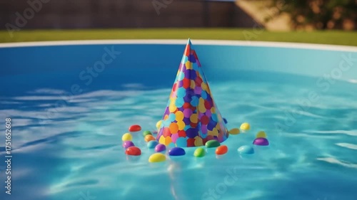 Colorful Party Hat Floating in Pool