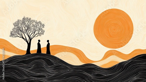 Two figures by tree, desert sunset. Abstract art. Background use