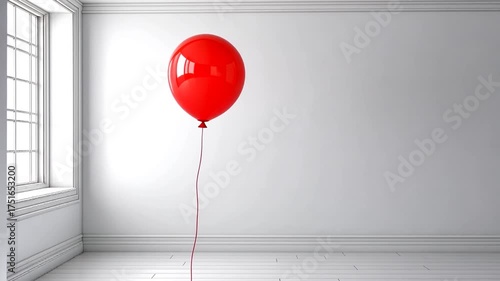 Glossy red balloon floats gracefully in pristine white room with soft daylight through window for minimal design background creativity inspiration concept