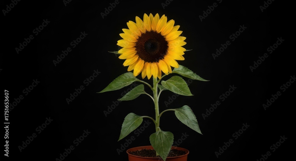 Obraz premium Single sunflower in pot against black (1)