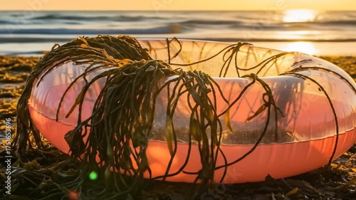 Discarded Inflatable Ring on Beach at Sunset