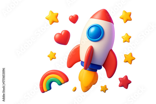 Cartoon rocket with red fins, colorful stars, hearts, and rainbow in playful 3D style on a white background. Concept of creativity and fun. Ai generative