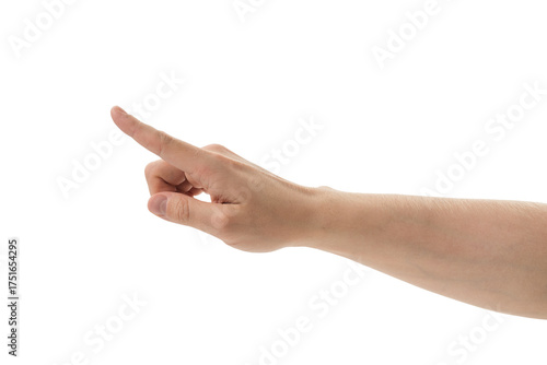 Adult man hand point gesture isolated on white