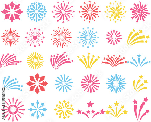 Colorful Fireworks Vector Set Transparent PNG Explosions for New Year, Festivals & Party Designs, Festival Fireworks Vector Bundle.