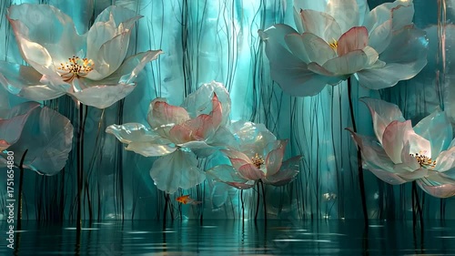Serene fantasy scene with luminous delicate lotus flowers in underwater teal environment small goldfish swimming peacefully for tranquility magic aquatic nature concept