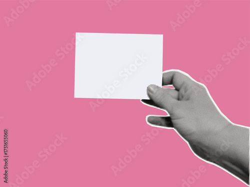 A woman's hand holding a business card. Contemporary collage art. Blank advertising card for presenting business products. Vector template, empty message label in halftone style.