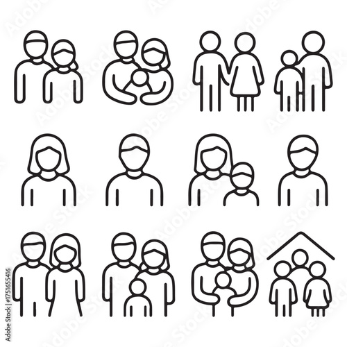 Family stroke outline icon set vector