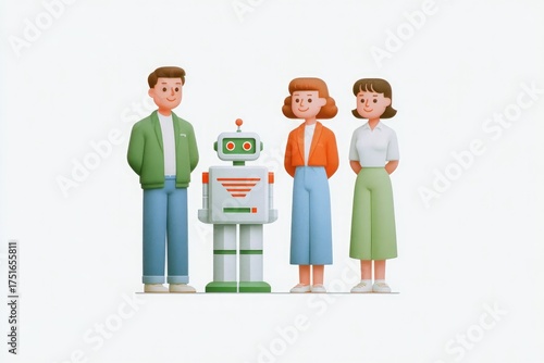 Cheerful group of friends with friendly robot, showcasing technology and companionship