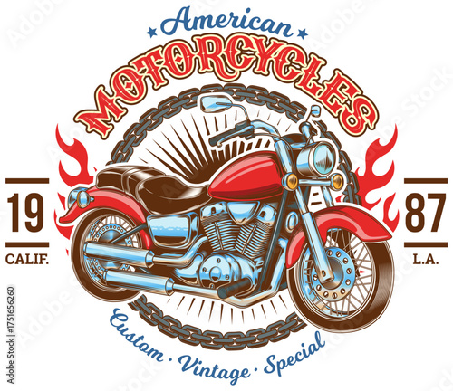 American Motorcycle Vintage Design: A vintage motorcycle design, reminiscent of classic American style, featuring bold lines, a vibrant color palette, and iconic imagery.
