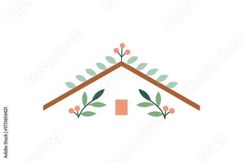 Charming minimal house illustration with a delicate floral wreath adorning the roof perfect for spring or garden themes