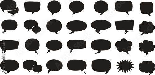 Comic Speech Bubble & Burst Vector Set Black Silhouette Dialog Boxes and Explosions for Pop Art Design, Dialogue Box Silhouette Collection.