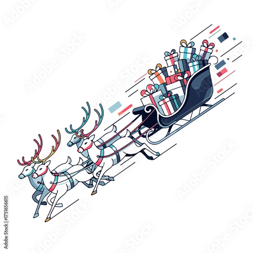 Santa Claus sleigh with reindeer team flying fast to deliver Christmas presents.