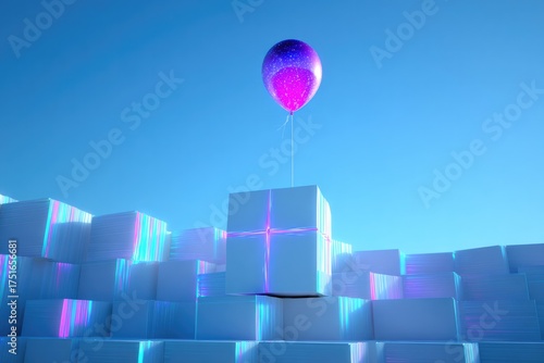 Colorful balloon floats above glowing cubes, creating whimsical atmosphere