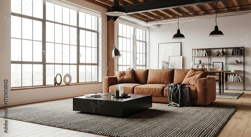 Industrial Loft Living Room With Large Windows And Leather Sofa