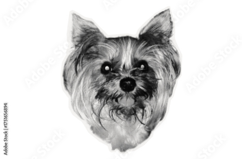 Shaggy dog ​​head. Collage, paper element cut out from a magazine. Photocopy of dog in halftone style, animal muzzle. Sticker of puppy, pet. Contemporary art, dot texture piece of paper, vector.