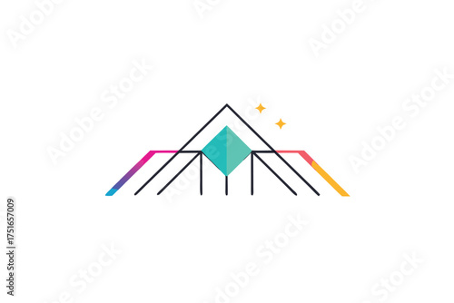 Abstract geometric house roof with vibrant orbiting neon prisms and glowing light effects