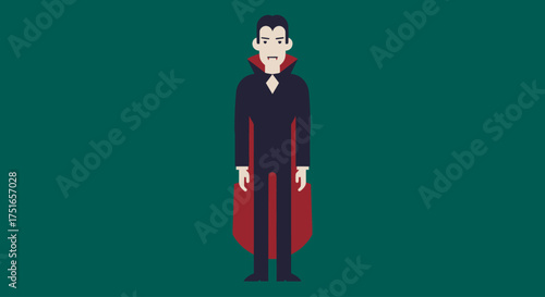 Cartoon illustration of a lonely vampire man with a sad expression, wearing a traditional cape and suit for a Halloween party costume concept
