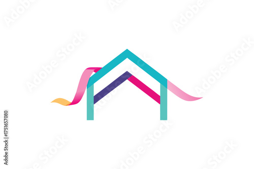 Modern minimalist house roof design with vibrant holographic light ribbons creating a futuristic architectural concept