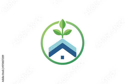 Minimalist house with a plant inside a circle clean architectural illustration