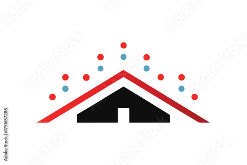 Abstract minimalist house roof illustration with a floating cluster of colorful dots and geometric shapes