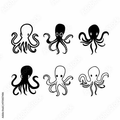 Set of six octopus drawings, showing various tentacle arrangements and body shapes