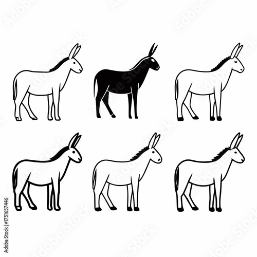 Illustration of six donkeys in various poses, showcasing different donkey positions