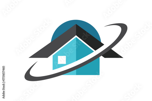 Minimalist house roof design with a fragmented orbit halo effect and vibrant color accents