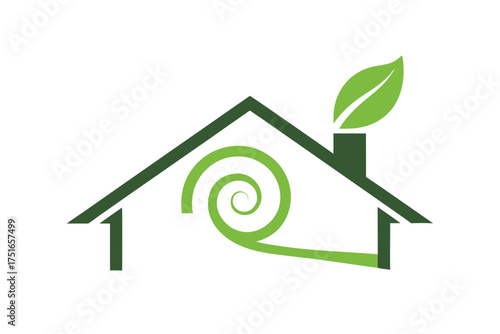 Minimalist house with eco friendly spiral leaf design on a clean white background