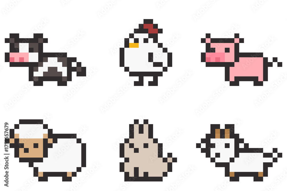 Fototapeta premium 8-bit pixel art farm animals