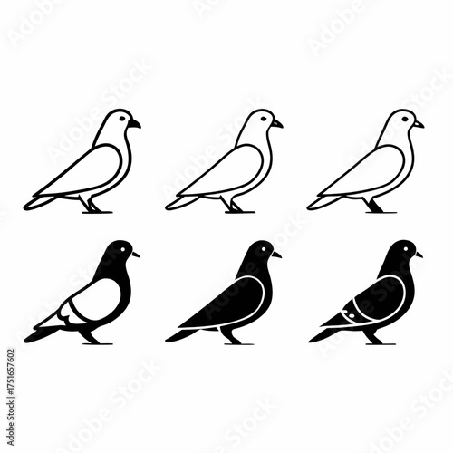 Six pigeon icons in black and white, representing different color variations