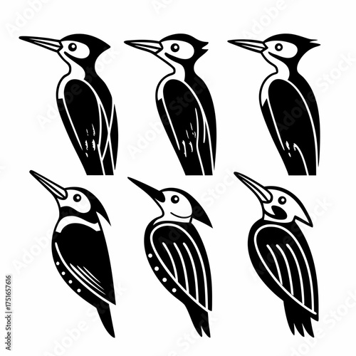 Set of six woodpeckers, featuring different styles and design variations