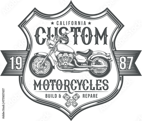 Custom Motorcycle Emblem: Classic monochrome emblem featuring a sleek motorcycle design with the words California Custom Motorcycles, a symbol of timeless style and the spirit of the open road.