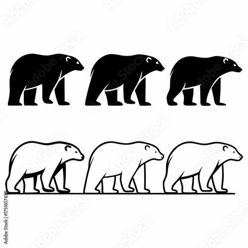 Six polar bears in black and white, a collection of wildlife illustrations
