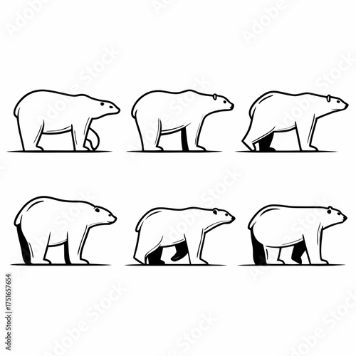 Six polar bears in various walking poses, a simple black and white drawing