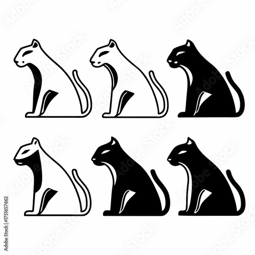 Six stylized cat silhouettes in black and white, showcasing feline elegance and simplicity