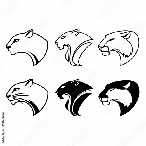 Collection of six stylized panther head silhouettes, embodying strength, grace, and wild beauty