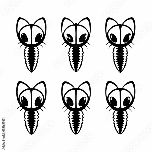 Six stylized insect silhouettes, featuring a unique and whimsical design in black and white