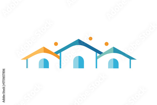 Abstract architectural concept featuring a minimalist house roof with flowing fractal arc elements in a vibrant color palette