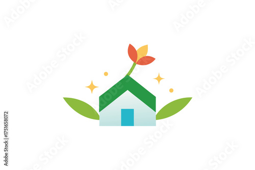 Minimalist house with a sparkling eco friendly flower blooming on its roof symbolizing sustainability and nature integration