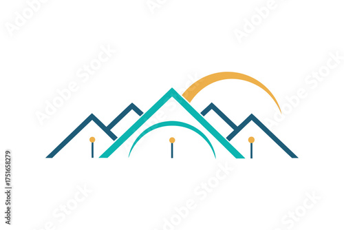 Abstract minimalist house roof design with vibrant glowing fractal arcs and geometric elements