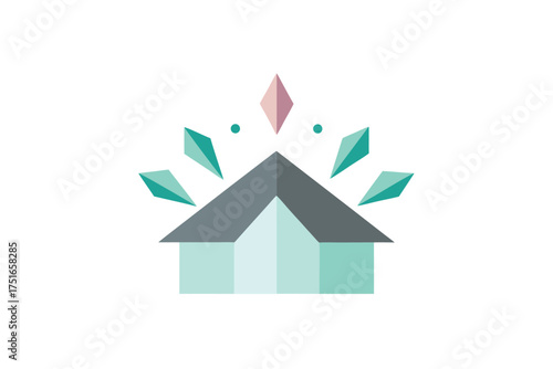 Abstract geometric house roof design with orbiting crystal petal elements in vibrant colors