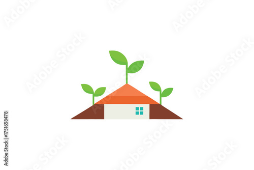 Minimalist house with a green sprout growing from its roof symbolizing growth and nature