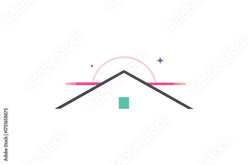 Modern minimalist house roof design with a vibrant neon particle halo effect