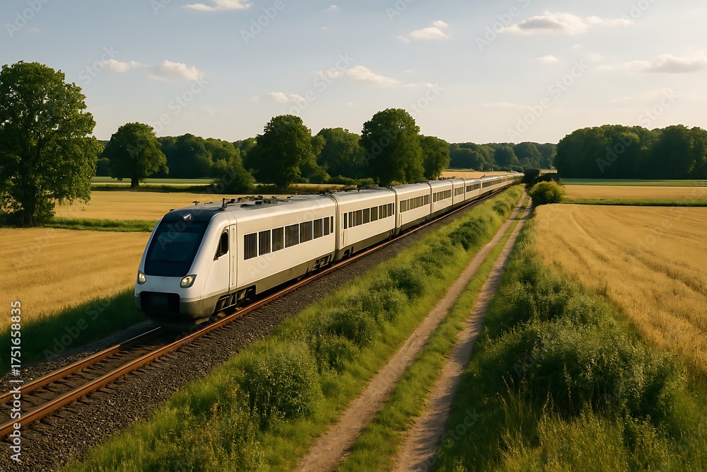 Fototapeta premium Modern passenger train traveling through the countryside on a sunny day. Lush green fields and clear blue sky create a scenic and peaceful travel view.