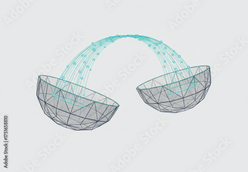 Digital Data Flow: Wireframe Hemispheres Connecting Particles